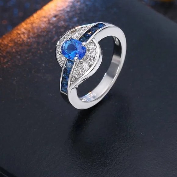 Ladies Blue Sapphires & White Oval Cut Bridal Ring .925 Solid Sterling Silver - Picture 2 of 7